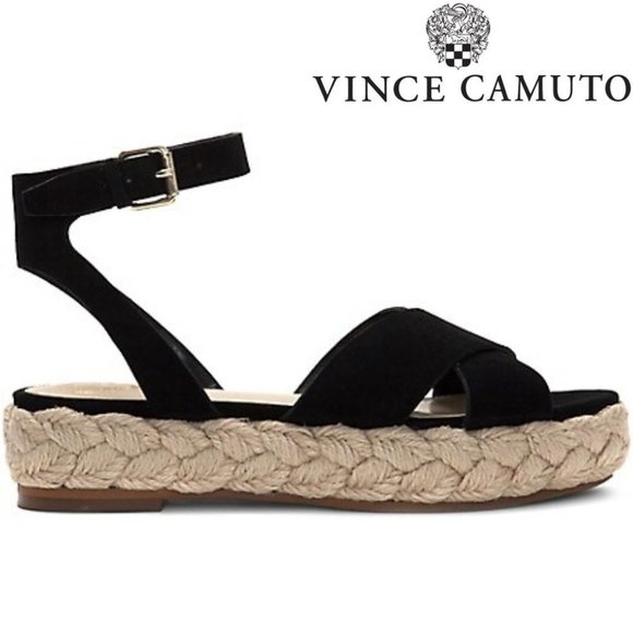 NEW Vince Camuto Delindan Black Suede Wedge Ankle Strap Sandal Black  9 and 10 - Picture 1 of 5
